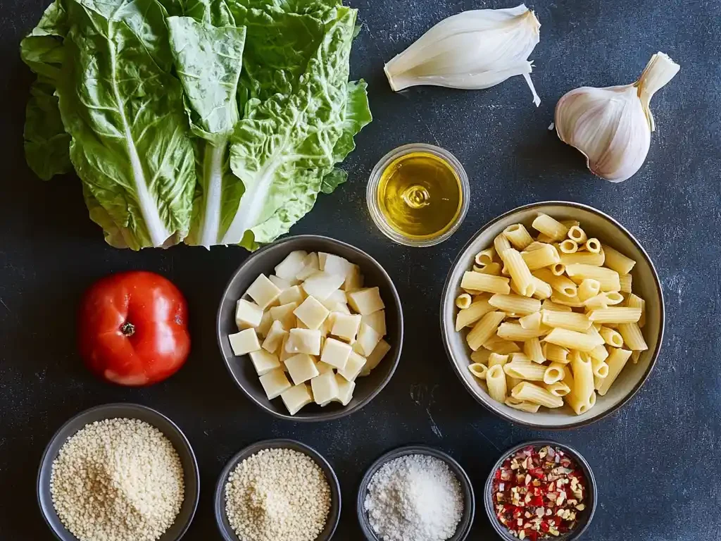 Ingredients for Caesar pasta salad laid out on a kitchen counter.