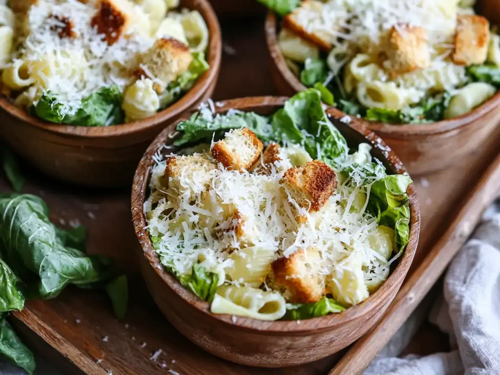 Individual servings of Caesar pasta salad in small bowls