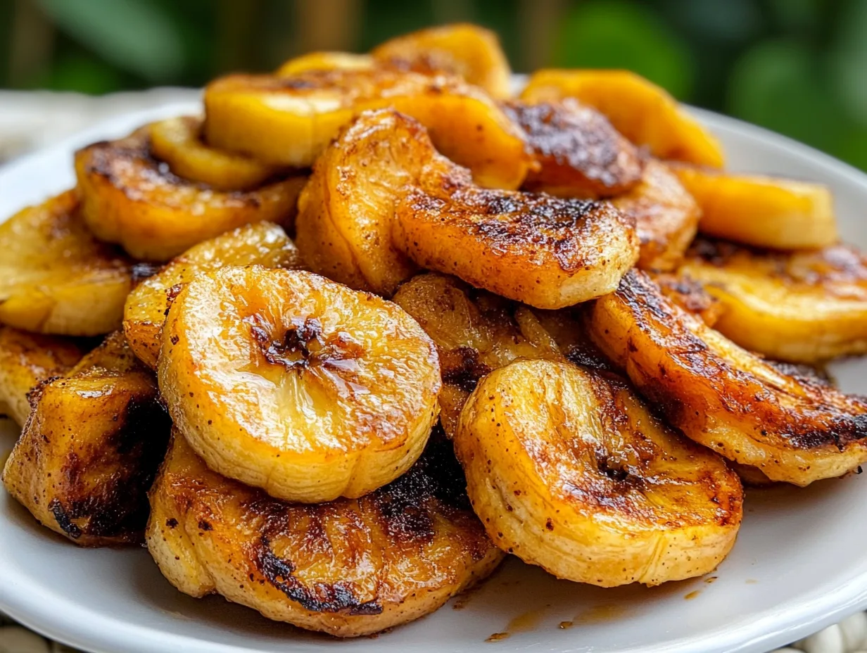 Golden brown fried banana slices served on a white plate with a sprinkle of cinnamon and honey drizzle