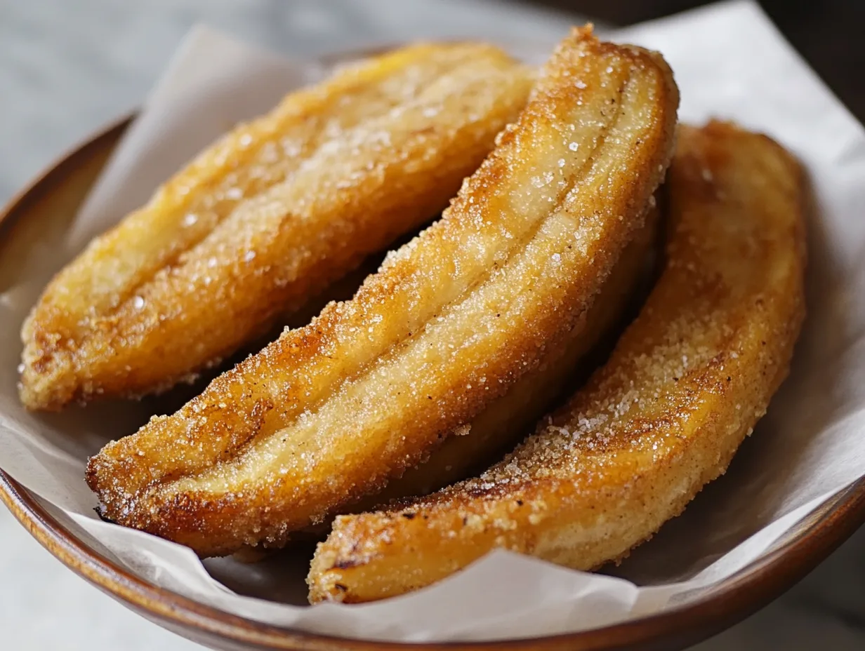 Golden fried bananas served on a plate with honey drizzle and cinnamon.