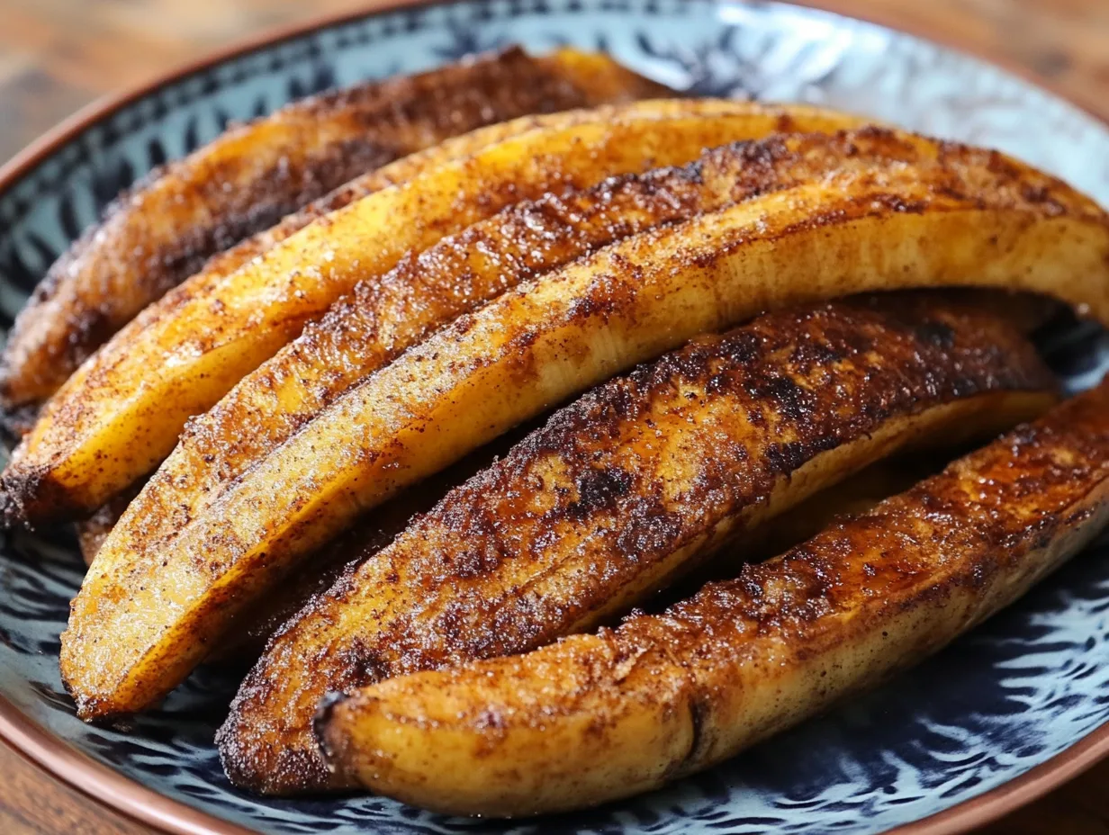 Golden-brown fried banana slices served on a white plate, garnished with a sprinkle of cinnamon and a drizzle of honey.