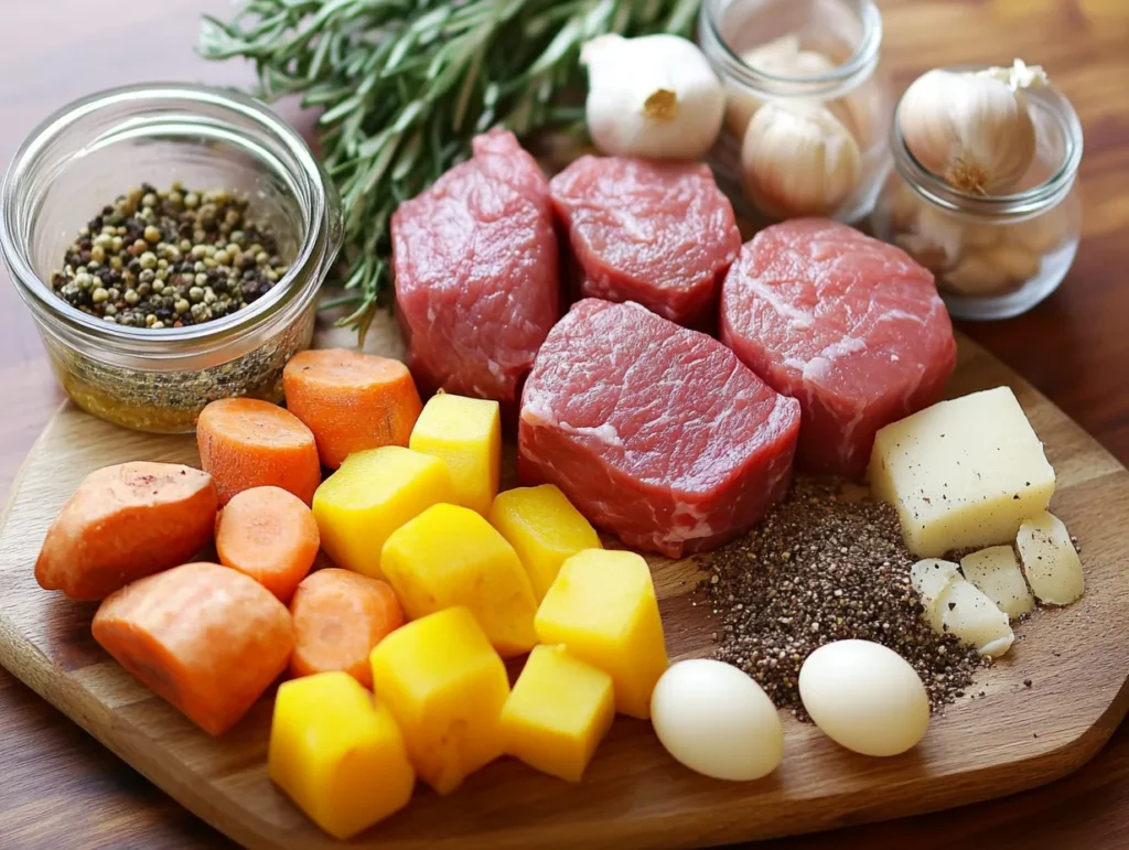 Layered ingredients in a slow cooker for overnight cooking